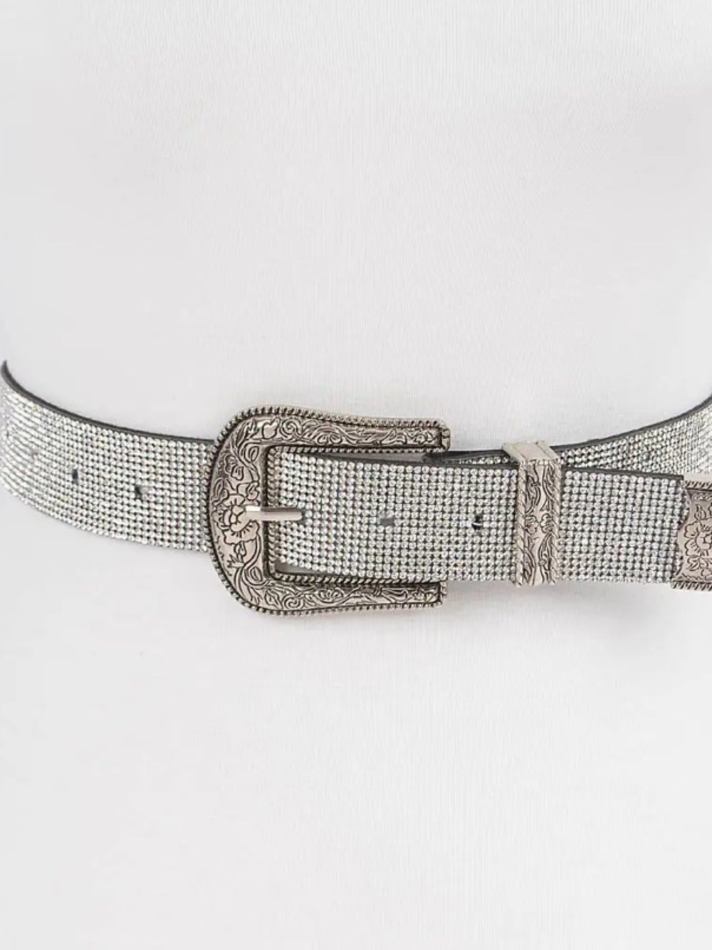 Rhinestone Western Buckle Belt - Silver Tone - PLUS